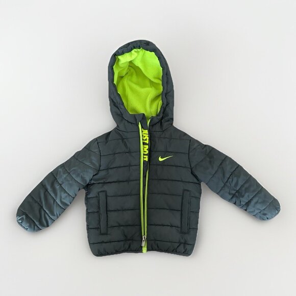 Nike Puffer Jacket Infant Boys 12 Mo's Gray Fleece Lined Full Zip Hooded Winter - Picture 1 of 15